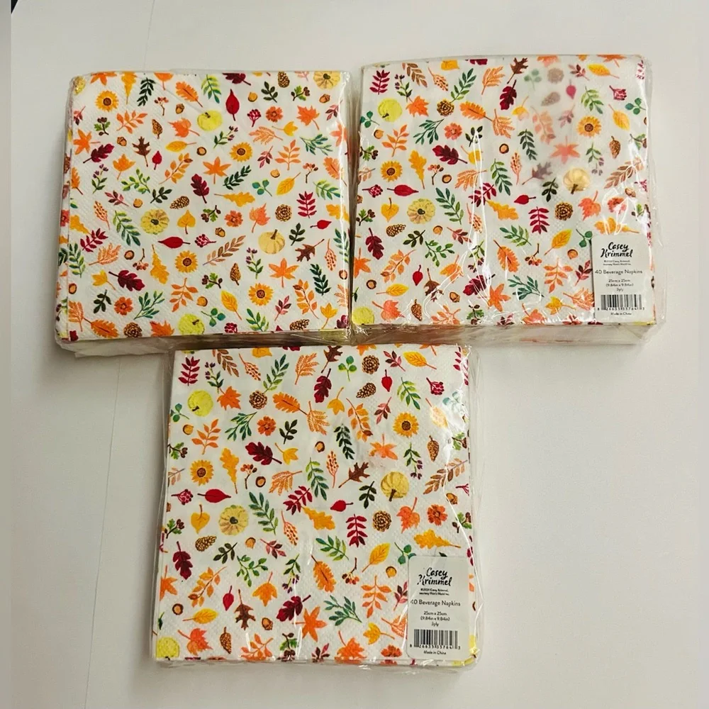 New 3 Packages of Casey Krimmel 40 Paper Beverage Napkins Fall Leaves